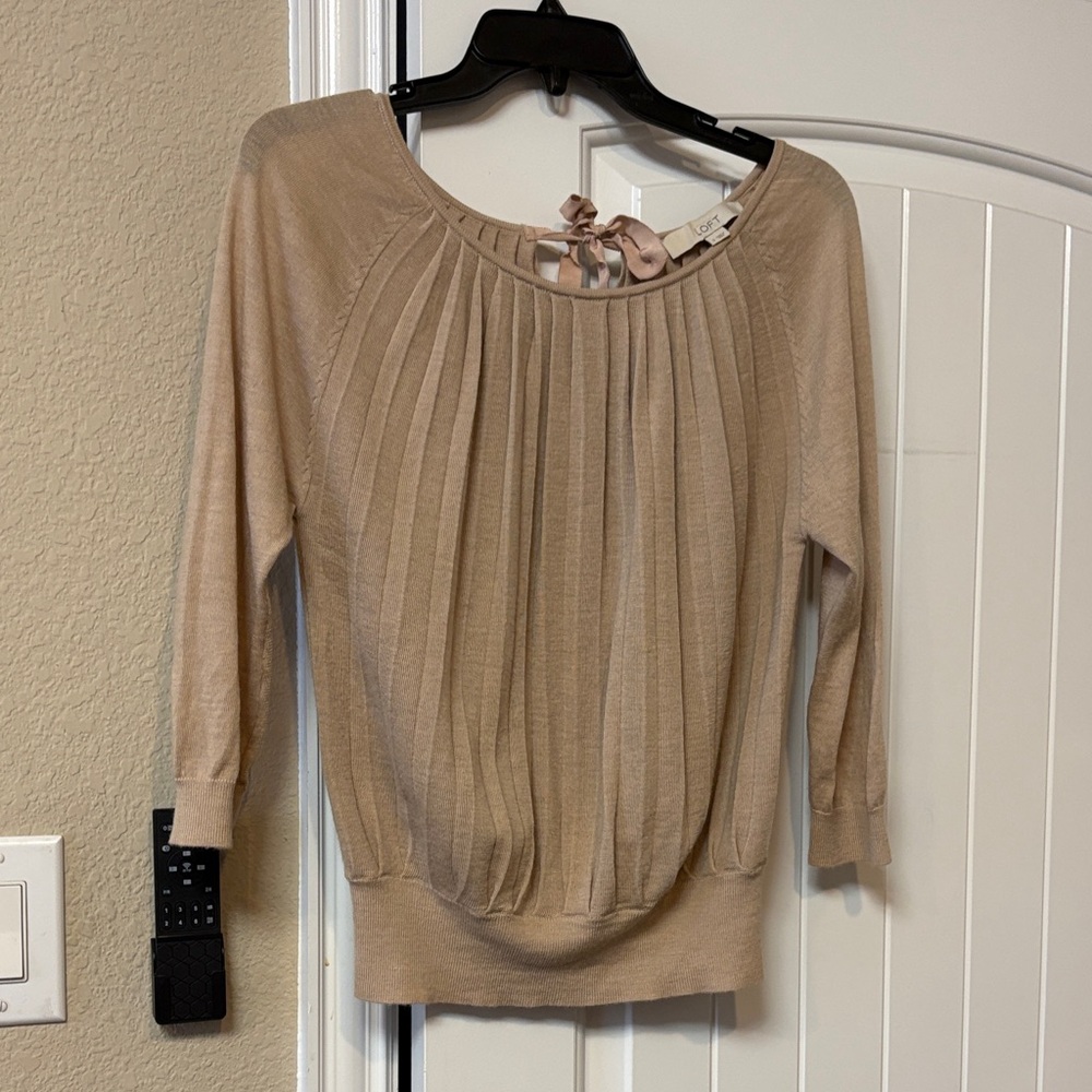 Pinky Beige Pleated Sweater detail with banded waist with back neck tie closure